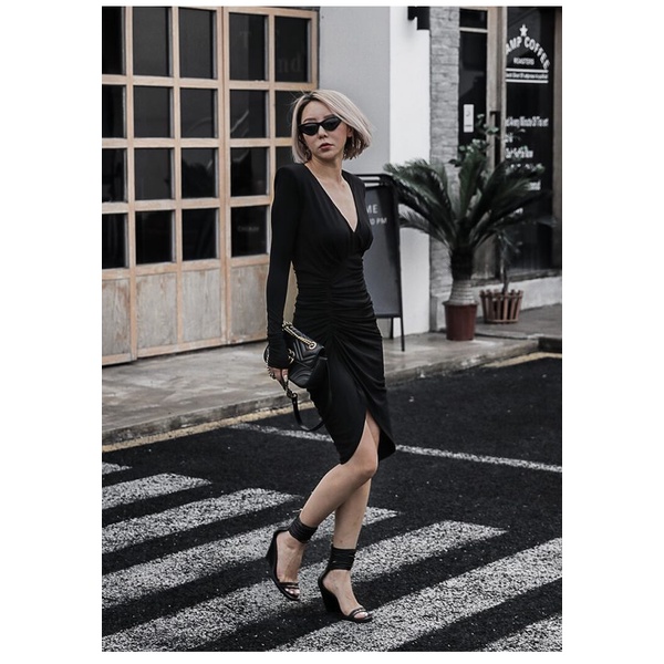 Váy đầm nữ dự tiệc cổ tim dáng ôm body thiết kế dài tay xẻ tà Gemmi Fashion DK8314
