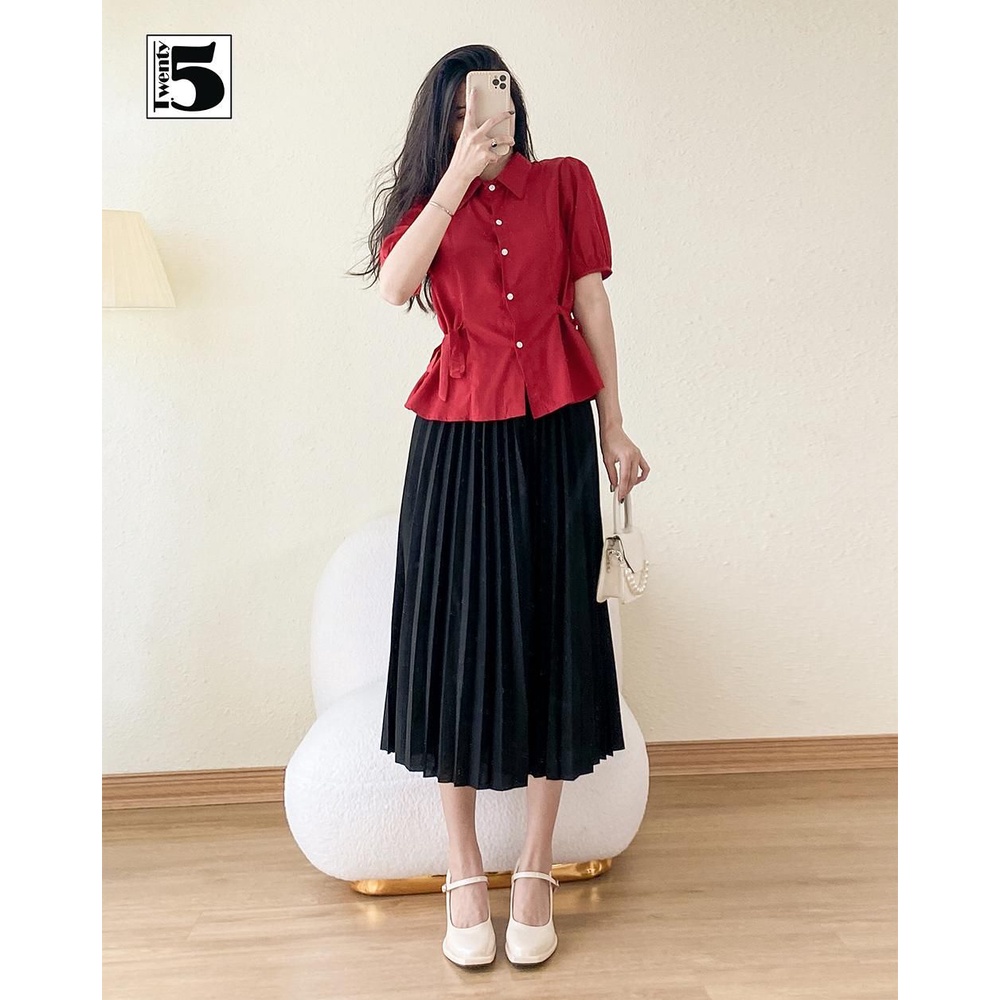 Áo kiểu sơ mi công sở nữ tay bồng dây thắt nơ 2 bên eo Twentyfive TA2