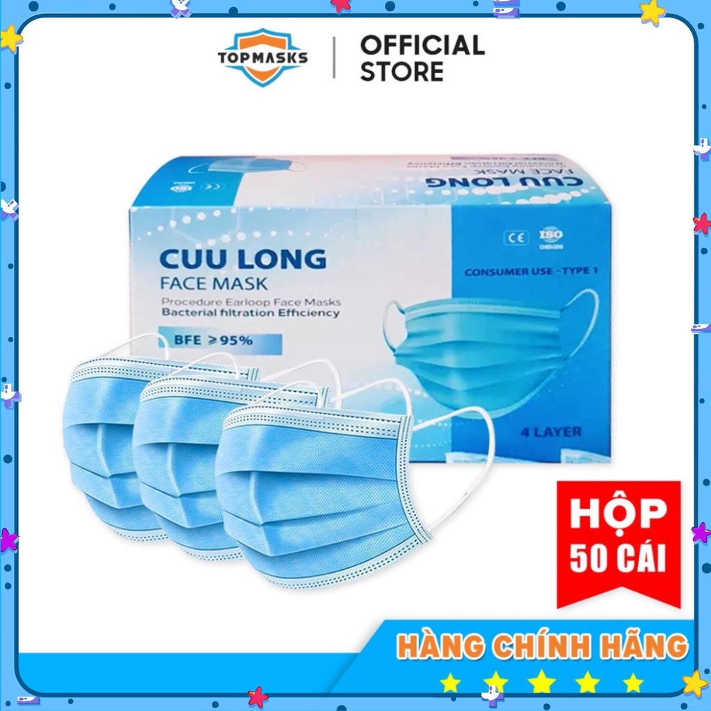 Khẩu trang y tế 4 lớp | Khẩu trang kháng khuẩn CỬU LONG , hàng chính hãng bộ y tế khuyên dùng ( hộp 50 cái) KT Y TẾ