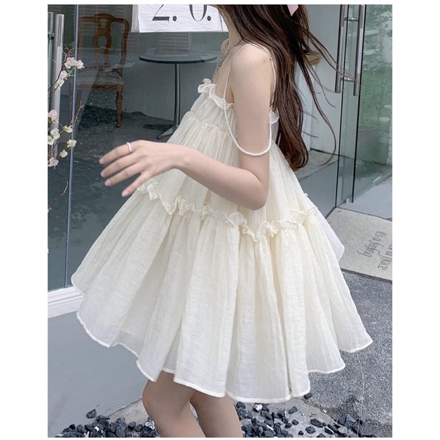 Đầm maxi trễ vai 2S hai dây bo chun ngực màu kem C