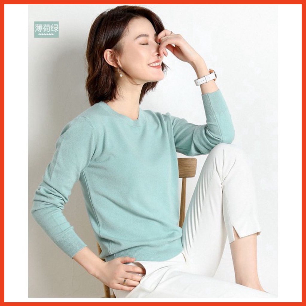 Áo Len Nữ Dài Tay Cổ Tròn Bo Gấu Mỏng Nhẹ Mặc Xuân, Thu