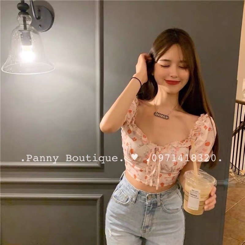 Áo croptop cổ vuông hoa nhí tông cam đào , style ulzzang Hàn Quốc 🌻 Panny Boutique 🌻