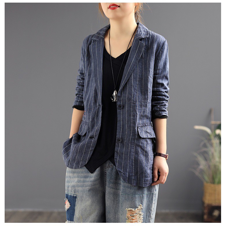 Áo vest Blaze nữ kẻ linen dáng lửng, chất vải linen tự nhiên mềm mại, thời trang phong cách trẻ - Xanh than