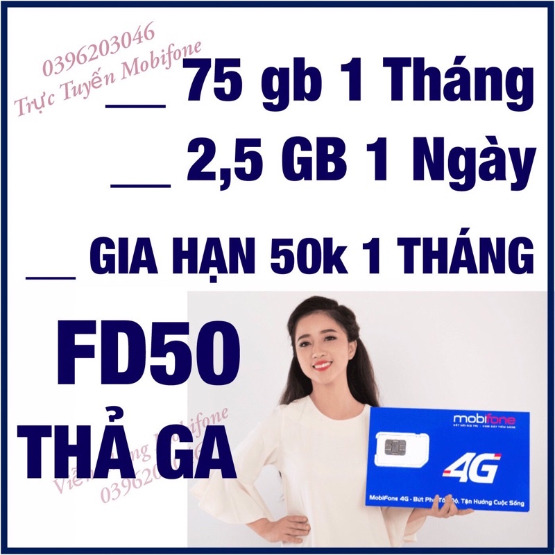 SIM THAGA GÓI FD50 Mobifone 1 Tháng Gia Hạn 50k
