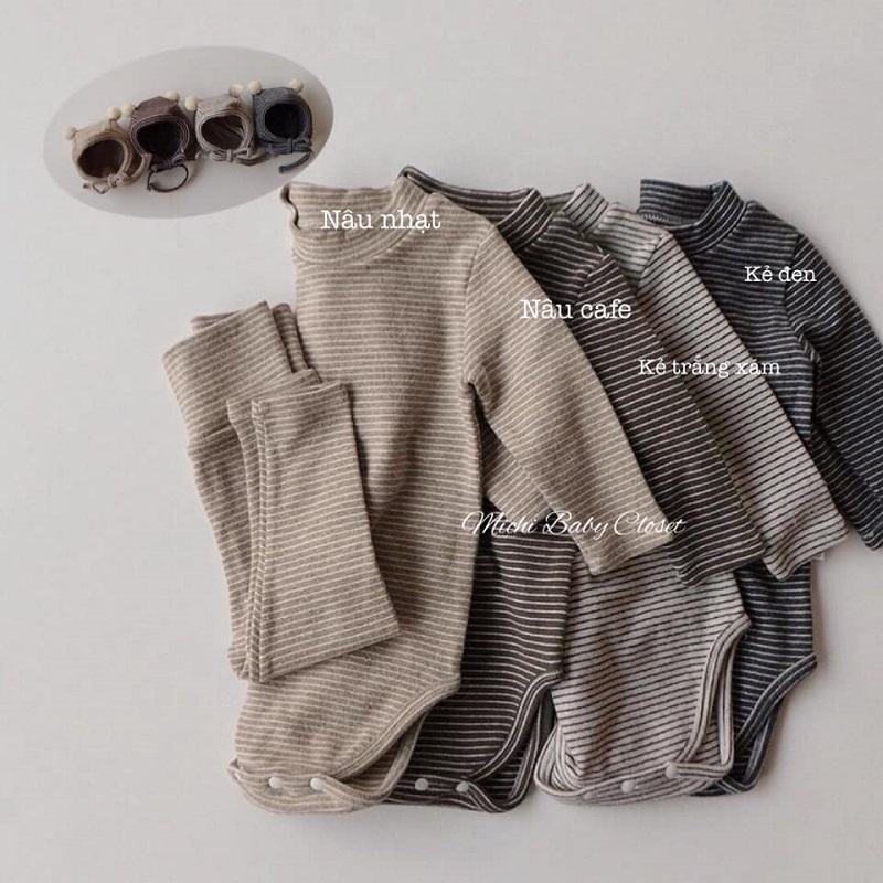 Bodysuit dài tay cho bé bộ liền thân cho bé gấu kẻ kèm quần rời và mũ cục bông MICHI Closet