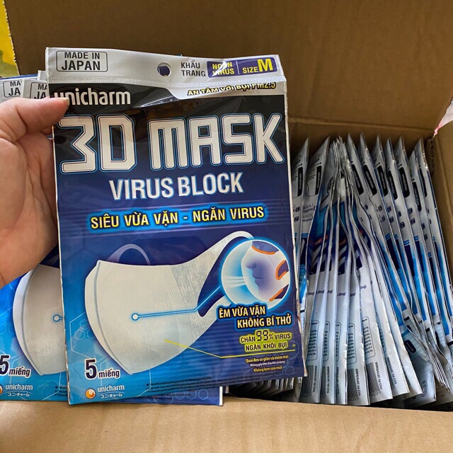 [Sẵn, HCM] Khẩu trang 3D Mask VIRUS BLOOK của Unicharm Nhật Bản (gói 5 cái)