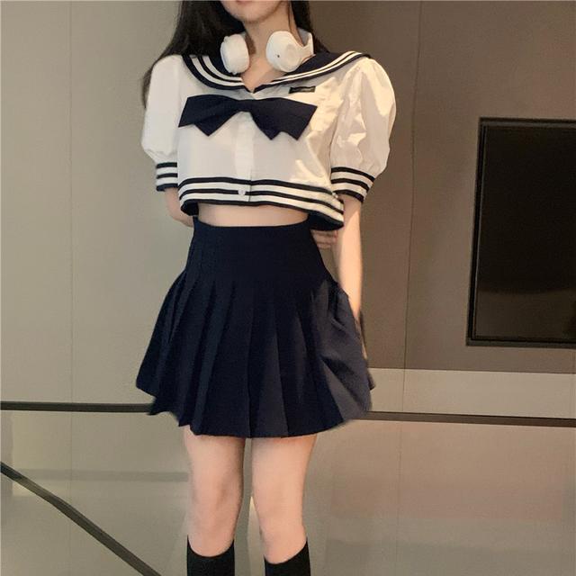 Jiashucheng Bộ Áo Sơ Mi Ngắn Tay Thắt Nơ Cổ + Chân Váy Phong Cách Preppy Thời Trang Mùa Hè Cho Nữ