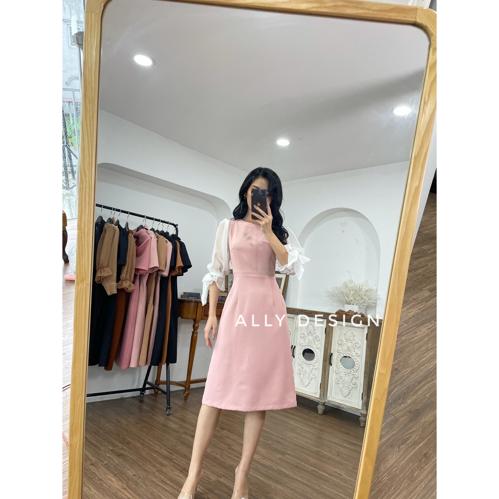 Váy công sở nữ đẹp phối tay kiểu dáng trẻ trung tay lỡ