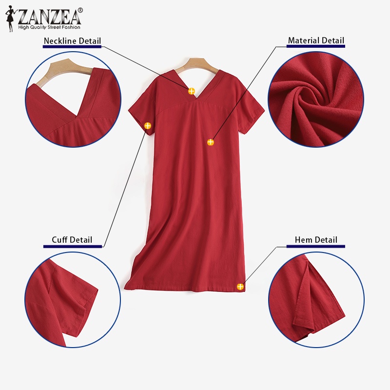 Đầm midi Zanzea tay ngắn cổ chữ v màu trơn phong cách vintage thời trang cho nữ