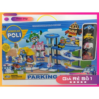 Hộp đồ chơi cao cấp lắp ráp đường ray, bãi đậu xe ROBOCAR POLI + 4 xe của biệt đội ROBOCAR
