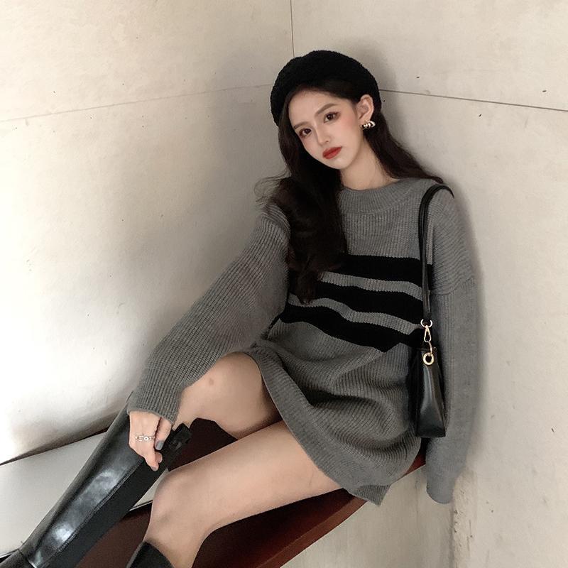 COZOK Áo thun tay dài dáng rộng kẻ sọc đa năng thời trang