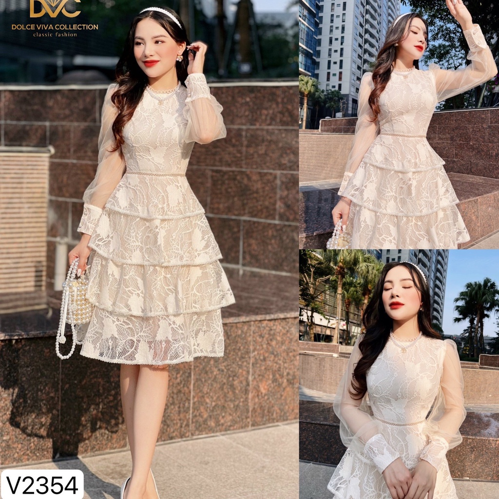V2354 - Váy ren be xếp tầng tay phối lưới