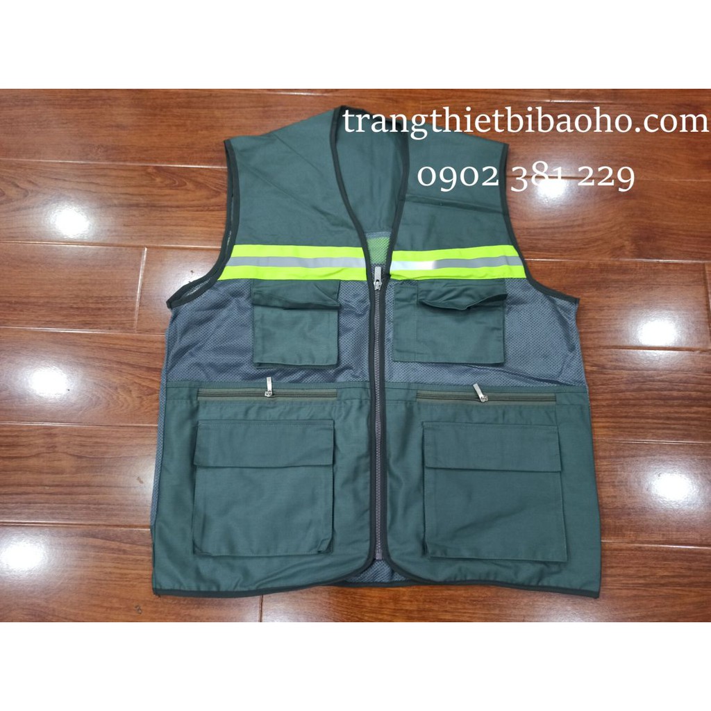 Áo khoác ghile phản quang 3 kéo 5 túi màu xanh rêu