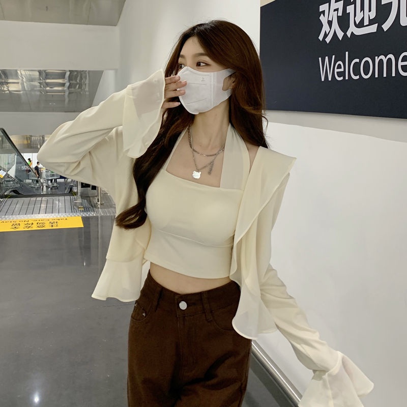 áo croptop set bộ áo hai dây trễ vai kiểu và áo khoác cardigan mỏng áo voan set yếm chống nắng phong cách mới mùa hè áo ren kiểu