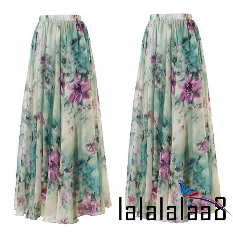 Chân váy maxi chiffon xếp li in hoa phong cách vintage