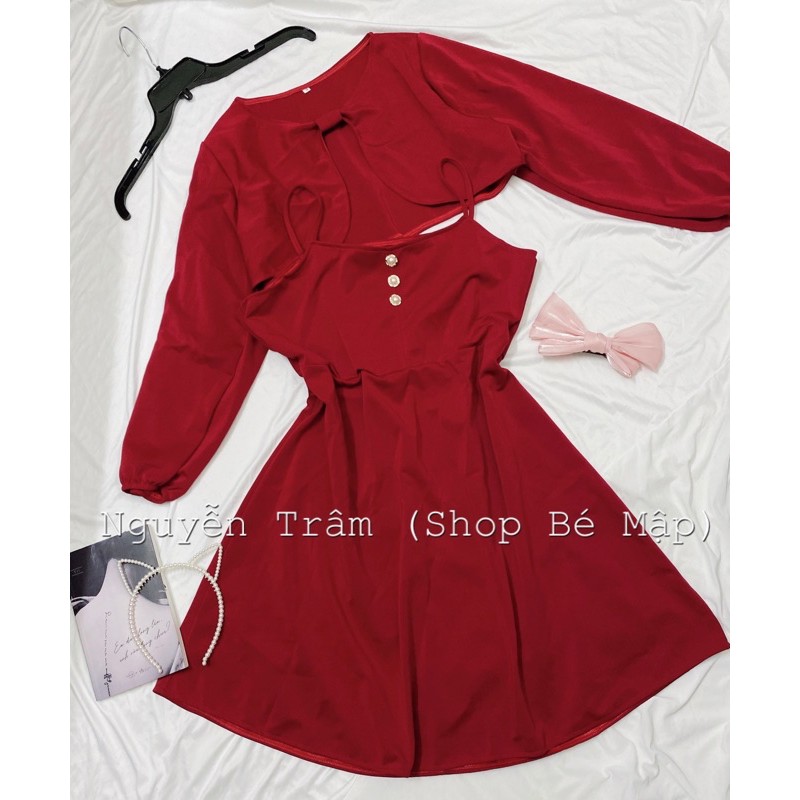 Set Đầm Xoè 2 Dây Kèm Áo Khoác Croptop Tay Dài Hot Hit 70-90Kg
