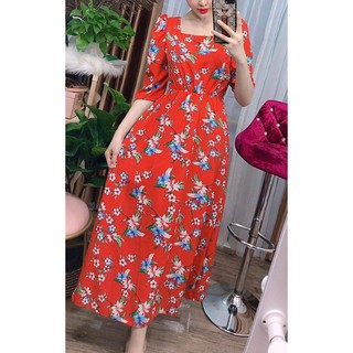 [Đầm Maxi] Tiểu Thư lụa cổ vuông tay phồng - Freesize đến 70kg