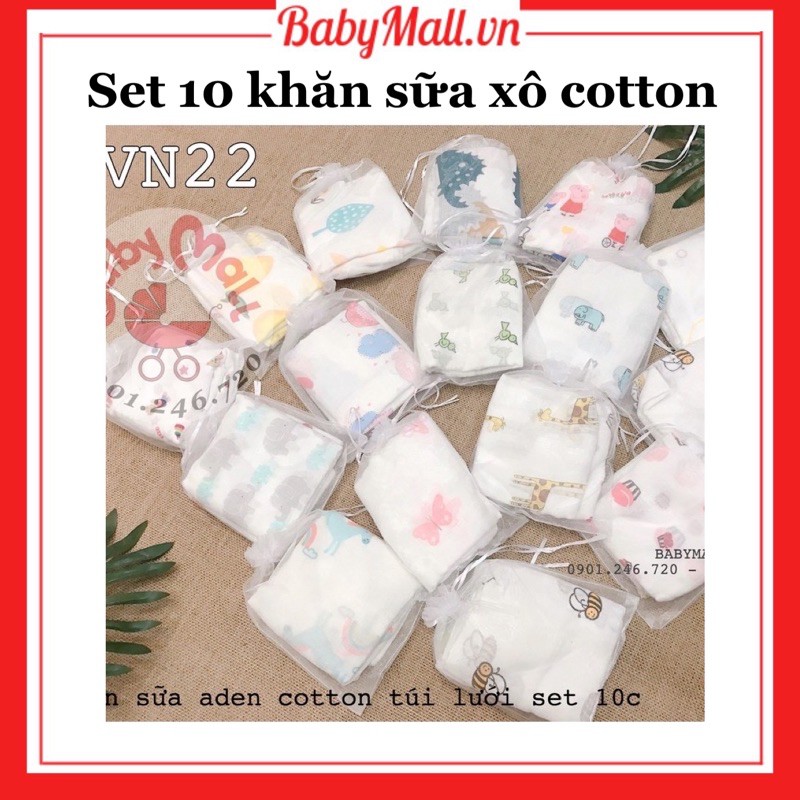 Khăn sữa Aden cotton set 10c túi lưới