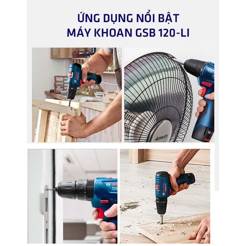 Máy khoan pin Bosch GSB 120-LI (1 pin 12V 2AH + 1 sạc + bộ mũi khoan ) - Hàng chính hãng