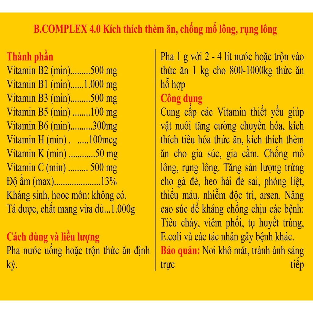 1 gói B.COMPLEX 4.0  100g Kích thích thèm ăn cho trâu, bò, ngựa, dê, gà, vịt, chim cảnh, chó, mèo