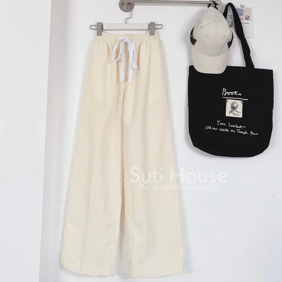 Quần Ống Rộng Nhung Gân Unisex Màu Kem Vải Mịn Form Suông Đẹp - Suti House