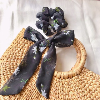 BOW SCRUNCHIE - dây buộc tóc voan hoa đen huyền bí