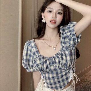 Áo Sơ Mi Croptop Họa Tiết Kẻ Sọc Thiết Kế Lệch Tà Cá Tính Cho Nữ