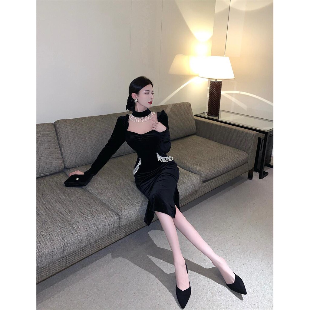 Đầm nhung dự tiệc của nữ phong cách sang trọng khí chất hàng Quảng Châu cao cấp đầu mùa thu ngọt n