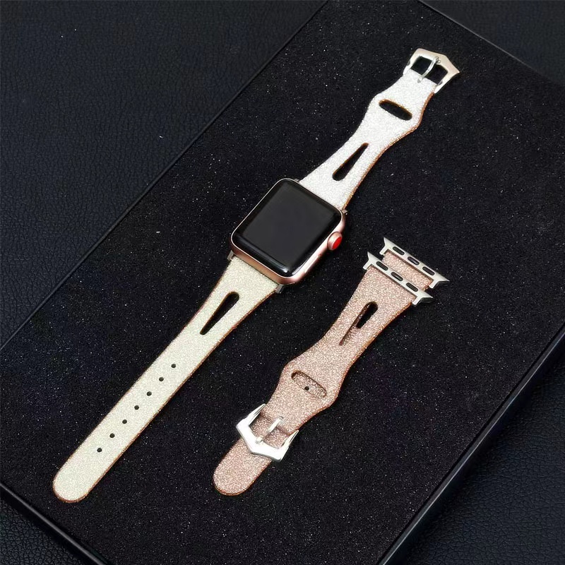 Dây Đeo Đồng Hồ Bằng Da Lấp Lánh 38mm 40mm 41mm 42mm 44mm 45mm Cho iWatch Series 7 6 5 4 3