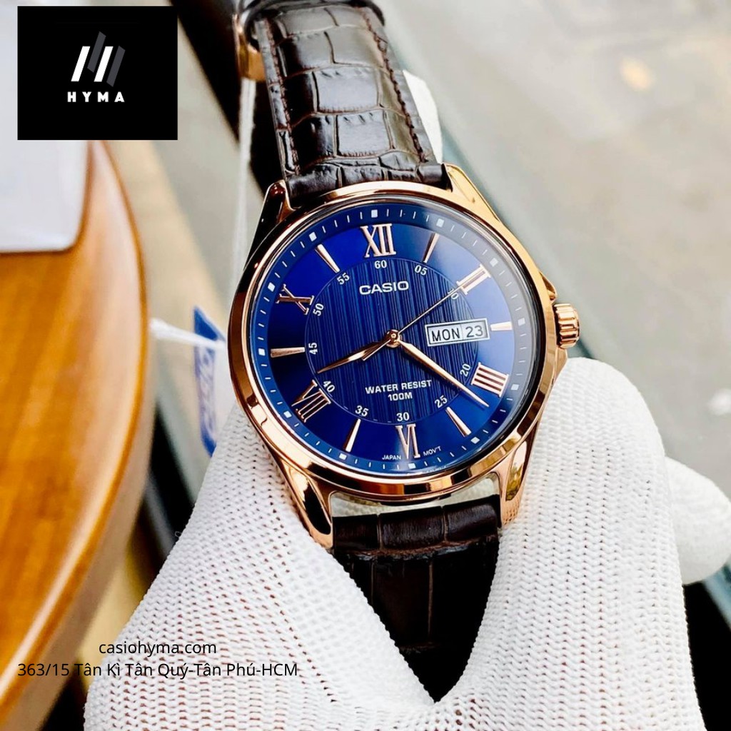 Đồng hồ nam dây da cao cấp MTP 1384L-2AV Mặt xanh Size 41mm chống nước 100 mét Bảo hành 1 năm Hyma watch