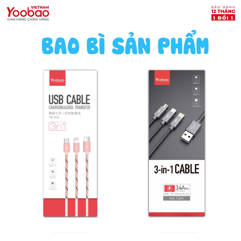 Dây cáp sạc 3 trong 1 (Micro USB/Lingtning/Type C) Yoobao YB-453 vỏ bện nylon Dài 1.2m - Hàng chính hãng - Bảo hành 12 t