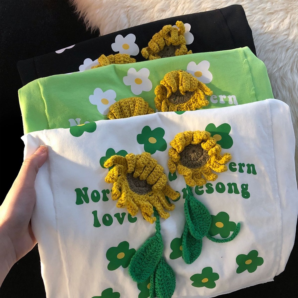 Áo Thun Cotton Tay Ngắn Họa Tiết Hoa Hướng Dương Và Chữ Phong Cách Hàn Quốc Cho Nữ