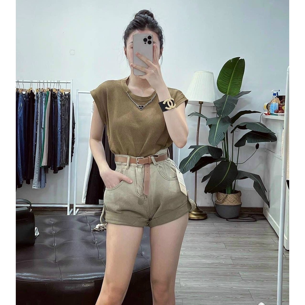 Quần Sooc Jean Loang Gập Gấu Nữ Màu Nâu - Hl