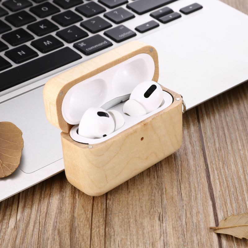 Vỏ bảo vệ hộp sạc tai nghe chống sốc bằng gỗ kèm móc khóa kim loại thích hợp cho Airpods