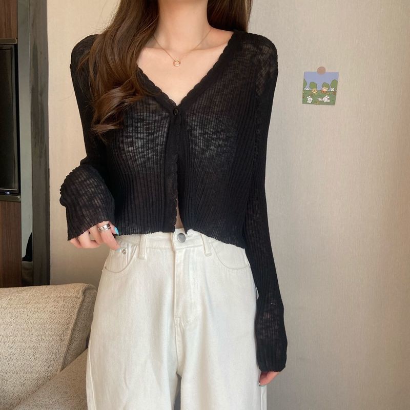 Temperament gentle wind light thin breathable sunscreen long-sleeved knitted cardigan women's summer new V-neck short white top