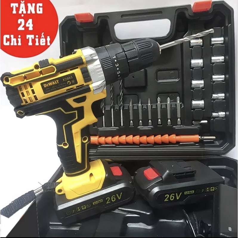 Máy Khoan Pin DeWal Đầu 10mm Autolock 3 chức năng tặng bộ phụ kiện 24 chi tiết