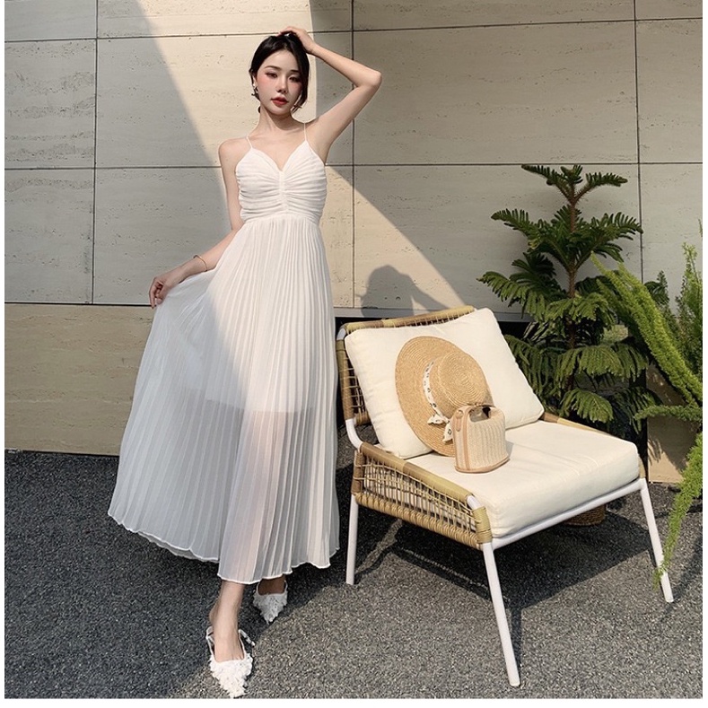 Yona’s Đầm đi biển hai dây xếp li trắng thắt dây eo tôn dáng  mã D17W