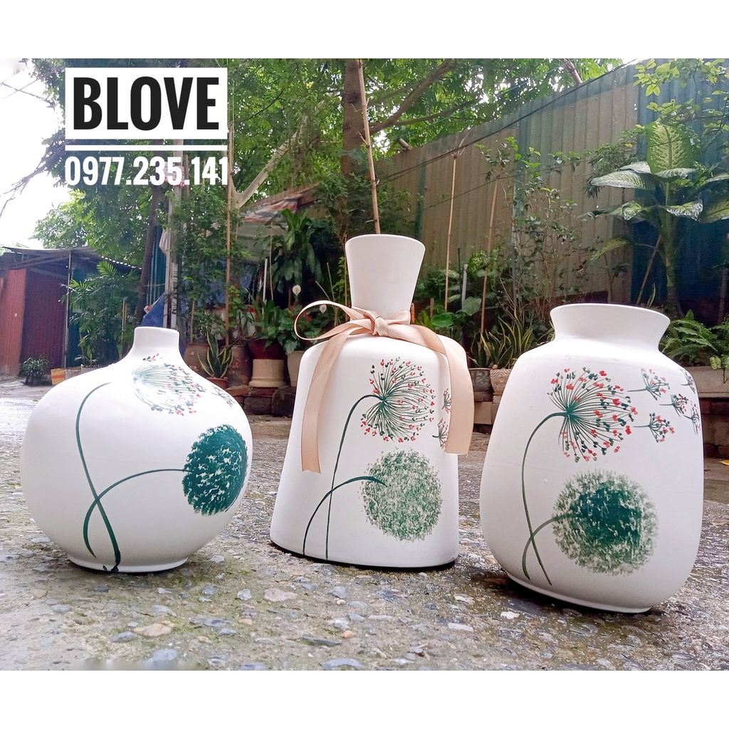 Quà tặng cao cấp, Bộ 3 Bình hoa bồ công anh,Gốm sứ bát tràng vẽ tay,Trang trí nhà cửa,decor,Quà tân gia, khai trương