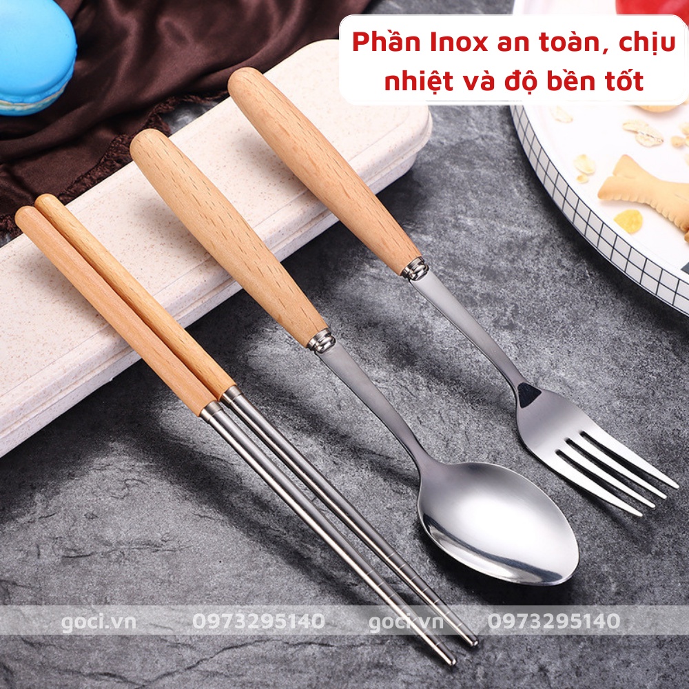 Bộ thìa dĩa đũa inox cán gỗ có hộp đựng lúa mạch cao cấp an toàn cho sức khoẻ