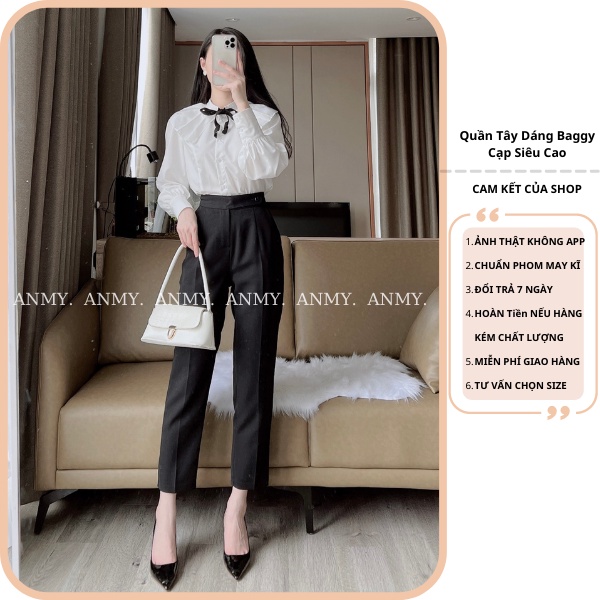 Quần tây nữ lưng cao AMY dáng baggy cạp cao siêu tôn dáng ống đứng chuẩn đẹp khóa trước đen trắng nâu Q622