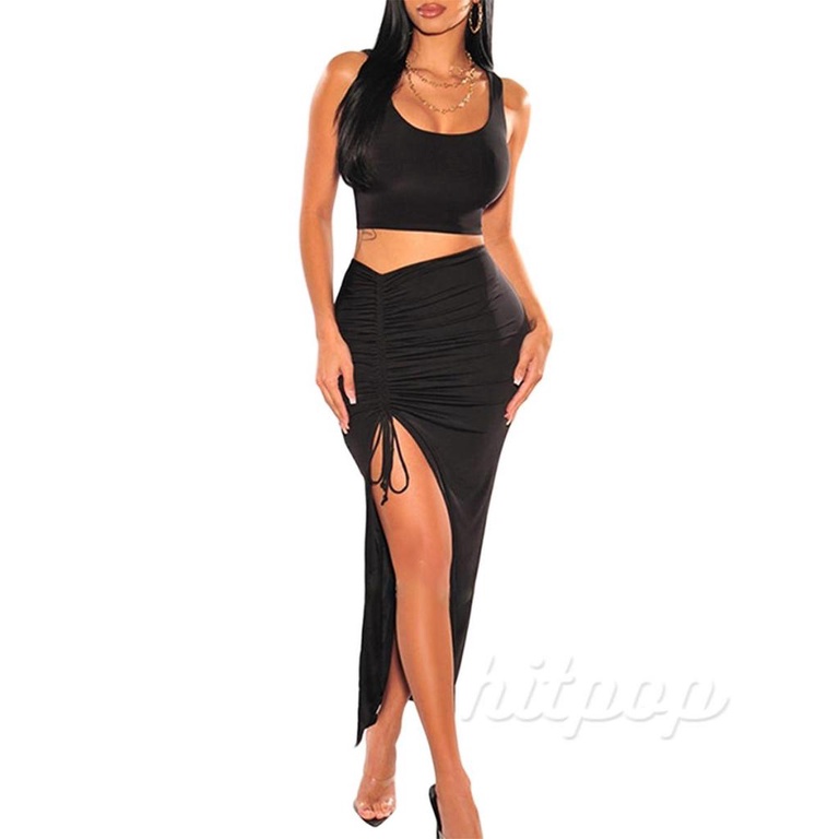 Hitpop-Women´s Short Skirt Suit Solid Color Sleeveless U-Neck Crop Tank Tops + Side Ruched High Slit Skirt