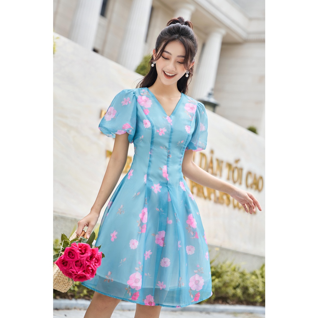 Váy tơ hoa cổ V tay bồng phong cách Hàn quốc chữ A thiết kế tiểu thư nhẹ nhàng màu xanh dương Pansy BlueYAME