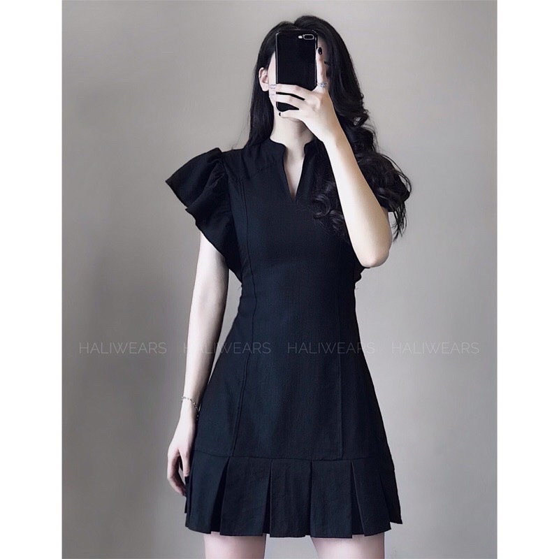 VN734 - VÁY ĐŨI CHÂN XẾP LI CỔ V TAY BÈO