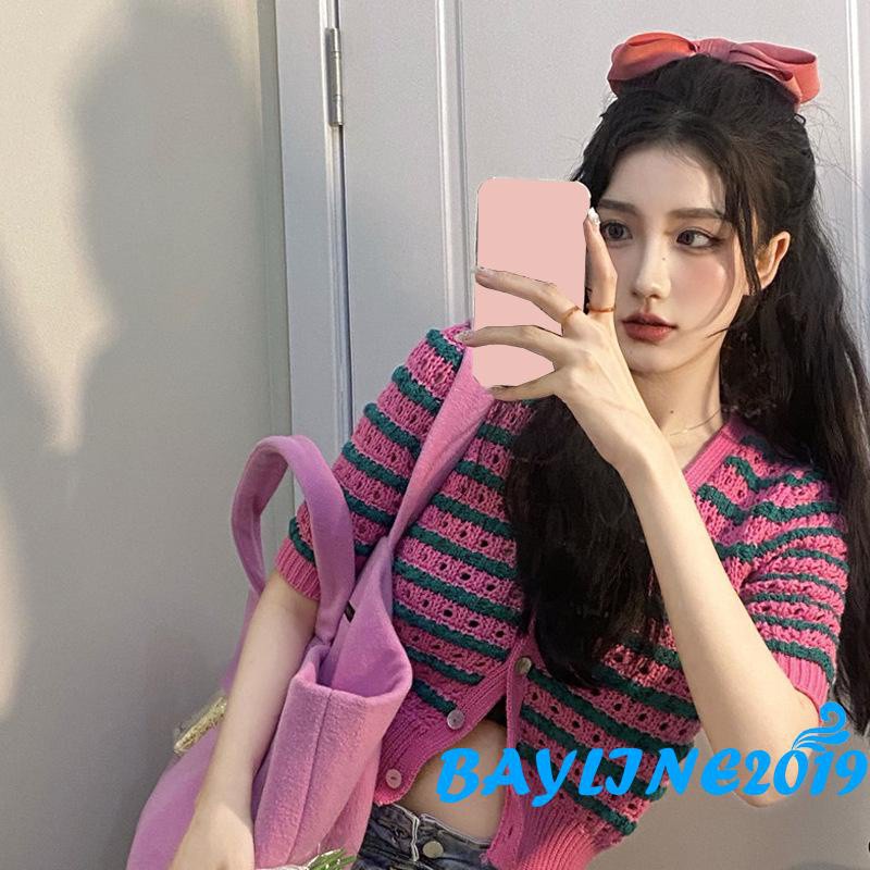 Áo Cardigan Tay Ngắn Cổ Chữ V Cài Nút Họa Tiết Kẻ Sọc Thanh Lịch Cho Nữ