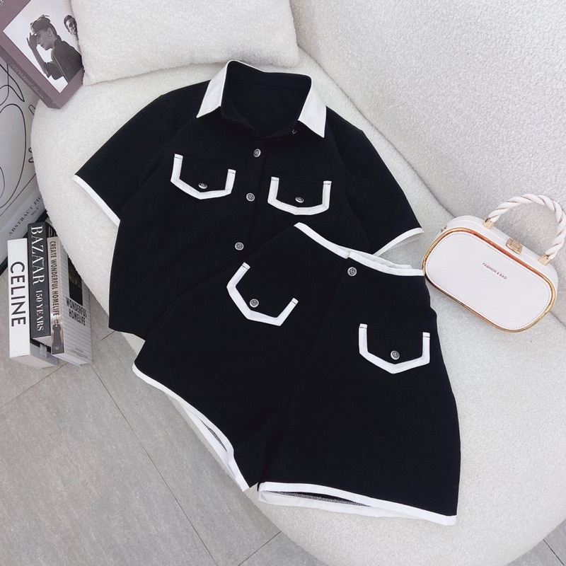 SET ÁO ĐEN VIỀN CỔ TRẮNG + QUẦN SHORT ĐEN