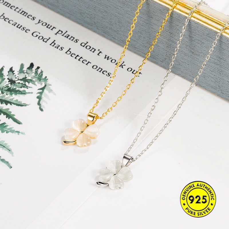 Vòng cổ Bạc 925 Mặt Cỏ Ba Lá Đính Đá Opal Sang Trọng Đơn Giản Cho Nữ