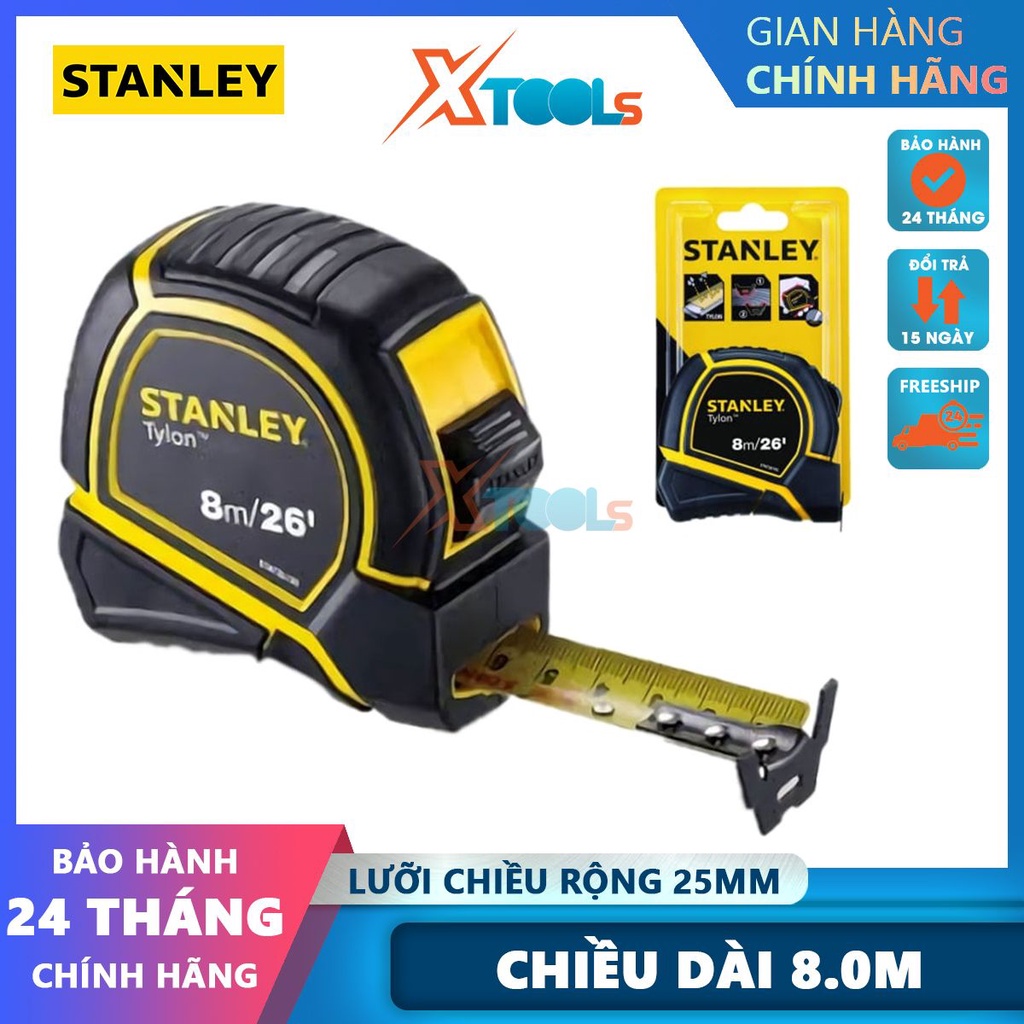 Thước cuộn thép Stanley STHT36195 8mx25mm bọc cao su siêu bền, lá dễ đọc, cấp chính xác Class II, chống vỡ mòn [XTOOLS]