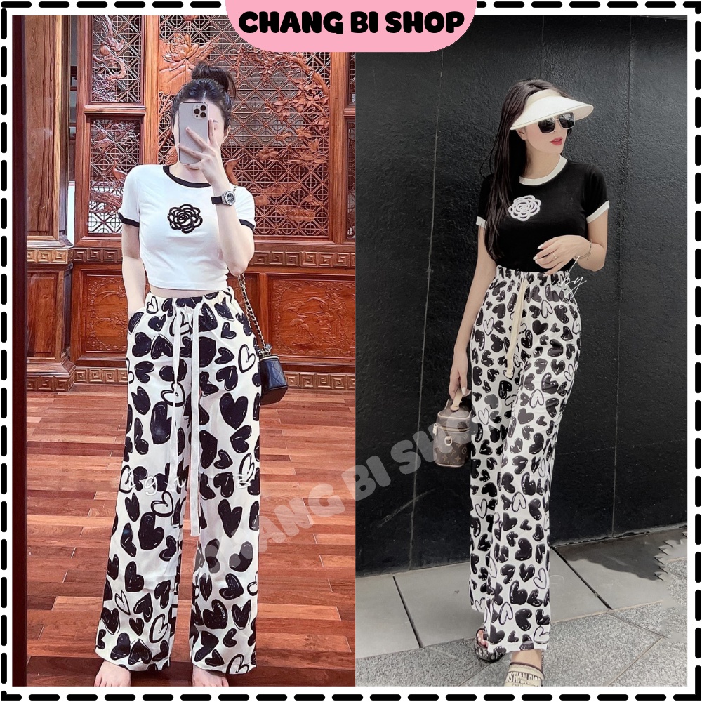 Set Đồ Nữ Áo Ôm Body Kèm Quần Ống Rộng - Set Nữ Sang Chảnh Áo Croptop Hoa Thêu, Quần Tim Chất Lụa Mềm Chang Bi Shop