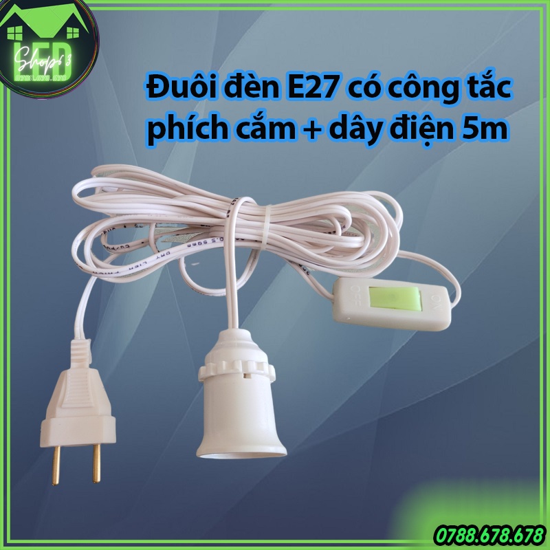 Đuôi đèn E27 chống cháy cao cấp - gồm dây dài 5m có kèm công tắc (đuôi xoáy 27 - nguyên bộ như hình)