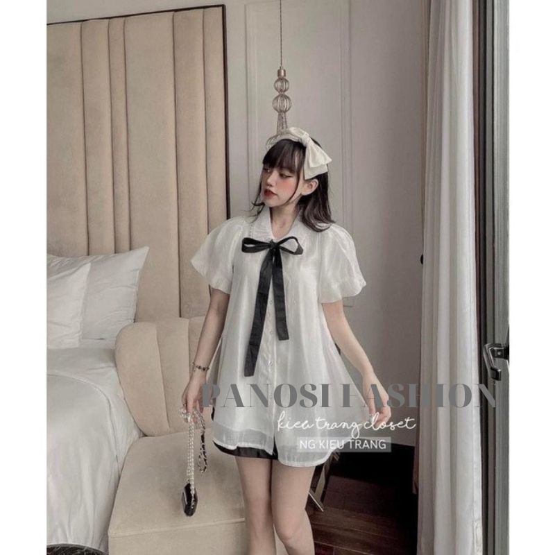 Áo kiểu sơ mi nữ babydoll màu trắng phối ren cổ nơ chất tơ mềm mại 2 lớp PANOSI - Mã A627
